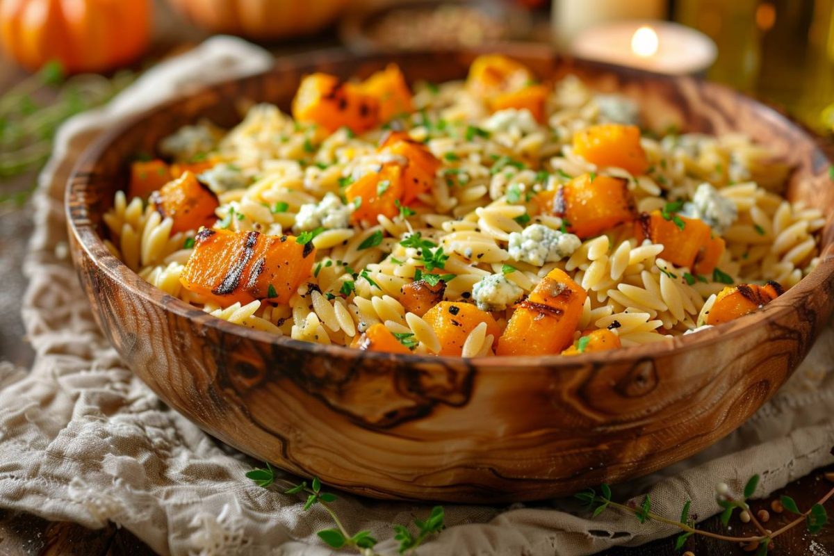 Découvrez le charme de l'orzo crémeux au potimarron et gorgonzola, une recette pour égayer vos soirées d'automne